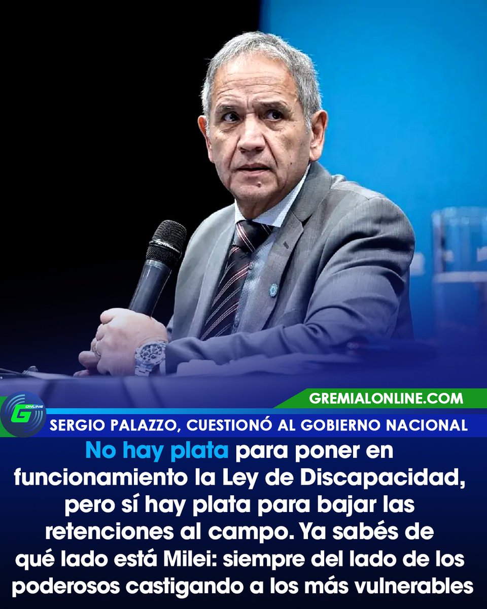 Sergio Palazzo (<a href="/SergioOPalazzo/">Sergio Omar Palazzo</a>):
“NO HAY PLATA para la Ley de Discapacidad, pero SÍ para bajar retenciones al campo.
Ya sabés de qué lado está Milei: siempre con los poderosos y castigando a los más vulnerables.”