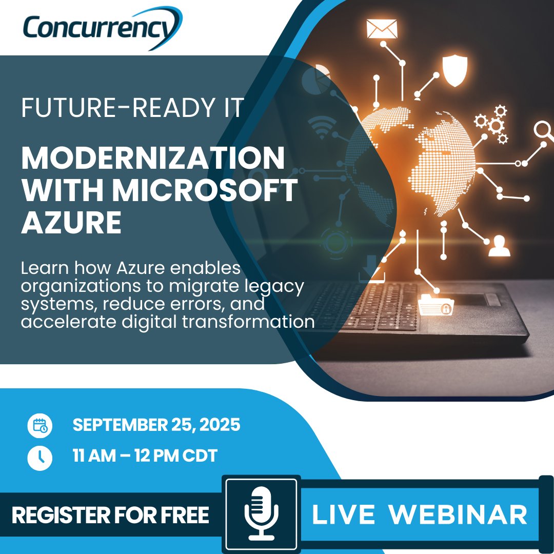 ConcurrencyInc's tweet image. 🚀 Modernizing your IT estate is critical. Join our webinar Thursday to see how Azure helps migrate legacy systems, streamline post-merger integrations, reduce risks &amp;amp; accelerate transformation. 👉 concurrency.com/events/future-… #Azure #CloudMigration