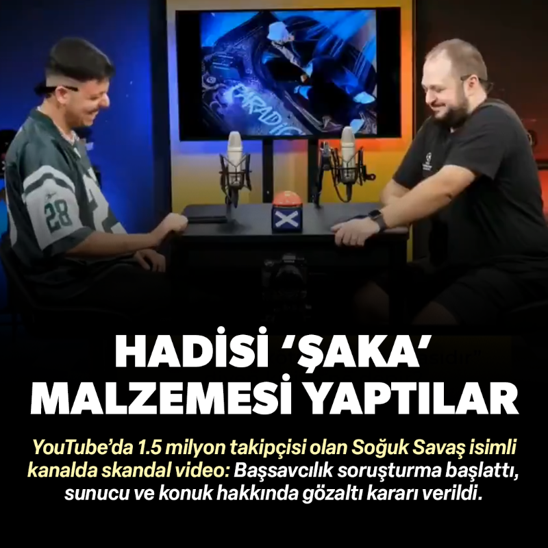 yenisafak's tweet photo. YouTube'da yayın yapan "Soğuk Savaş" isimli kanalda, "İçki tüm kötülüklerin anasıdır" hadis-i şerifi üzerinden Peygamberimize (s.a.v.) yönelik "nefret söylemine yol açabilecek" paylaşımlar yapıldı.

Sunucu Boğaç Soydemir ve konuk Enes Akgündüz hakkında gözaltı kararı verildi.