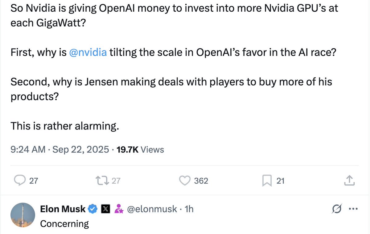 The_AI_Investor's tweet image. Elon when Jensen invested in xAI: &quot;It’s an honor to have @nvidia as an investor&quot;

Elon when Jensen invested in OpenAI: &quot;Concerning&quot;