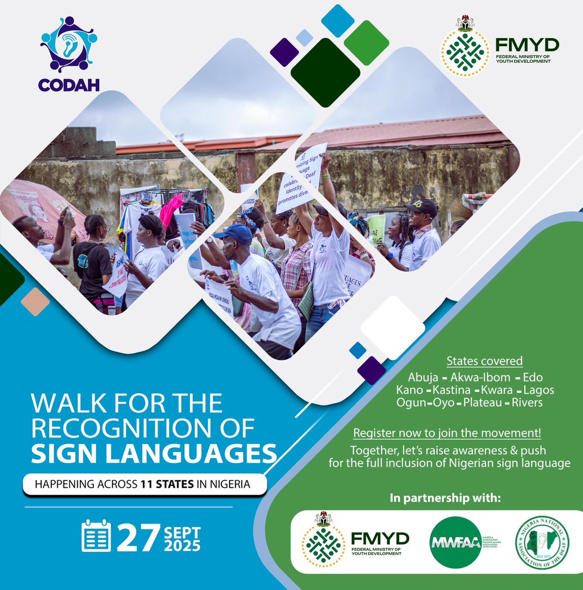 We are leading a 𝟏𝟎𝟎𝟎+ 𝐌𝐚𝐧 𝐖𝐚𝐥𝐤 across 11 states in Nigeria on Saturday, 27th September 2025 to raise awareness on sign language.
This is of a necessity if we are discussing LEAVING NO ONE BEHIND.
 Click the link below
lnkd.in/dT_i_vid