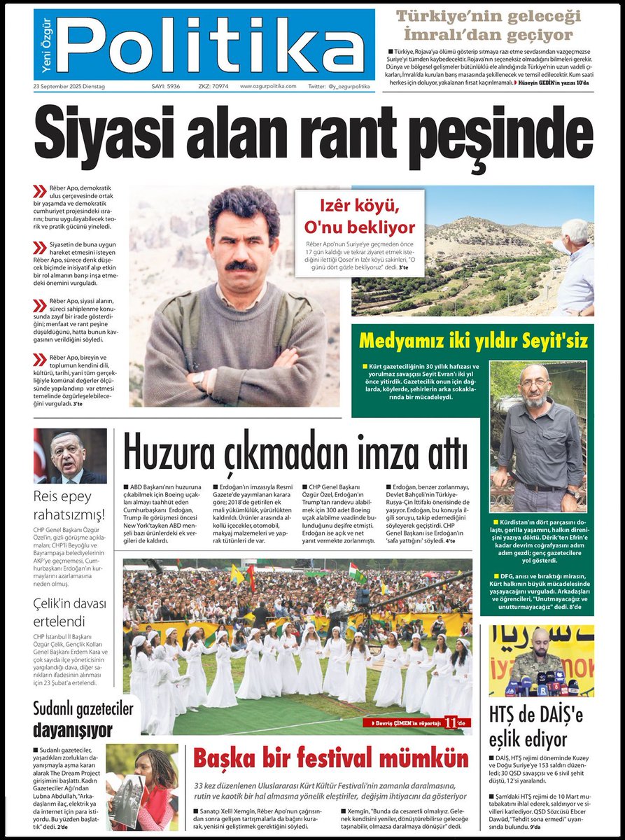 🔴 MANŞET

📌Siyasi alan rant peşinde

◾️Siyasi alanın, süreci sahiplenme konusunda zayıf bir irade gösterdiğini belirten Rêber Apo, menfaat ve rant peşine düşüldüğünü, hatta bunun kavgasının verildiğini söyledi.