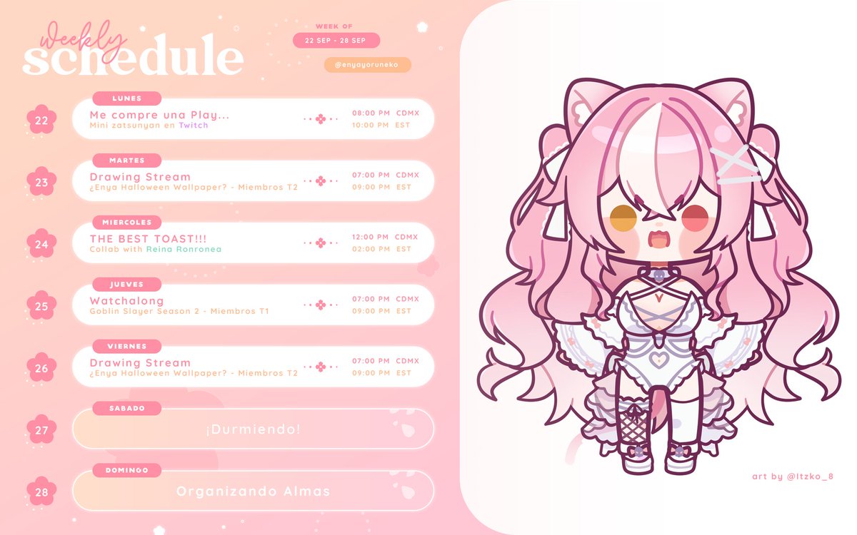 💀🎀【STREAM SCHEDULE】🎀💀
¡Ohaenya! ¡Nya! ¡Nya! Shinigami "Neko" VTuber Enya Yoruneko dayo ¡Myuchísimo gusto! ♡

❥ 07:00 pm (CDMX)┇ 09:00 pm (EST)
❥ ¡Horario sujeto a cambios!~ ♡

💀🎀【YouTube】🎀💀
youtube.com/@EnyaYoruneko