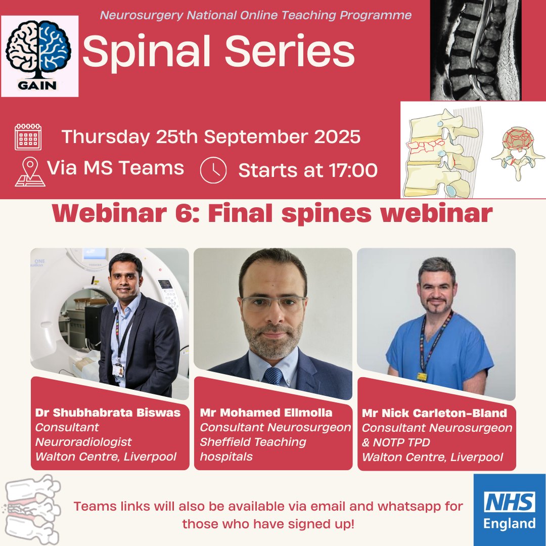 GAINProgram's tweet image. This week brings the final webinars of our Spinal series! We have 6 great talks over 2 nights, for all UK and Ireland resident doctors and trainees working in neurosurgery. If you haven&apos;t signed up yet please see the link in bio
 @e1v1m1