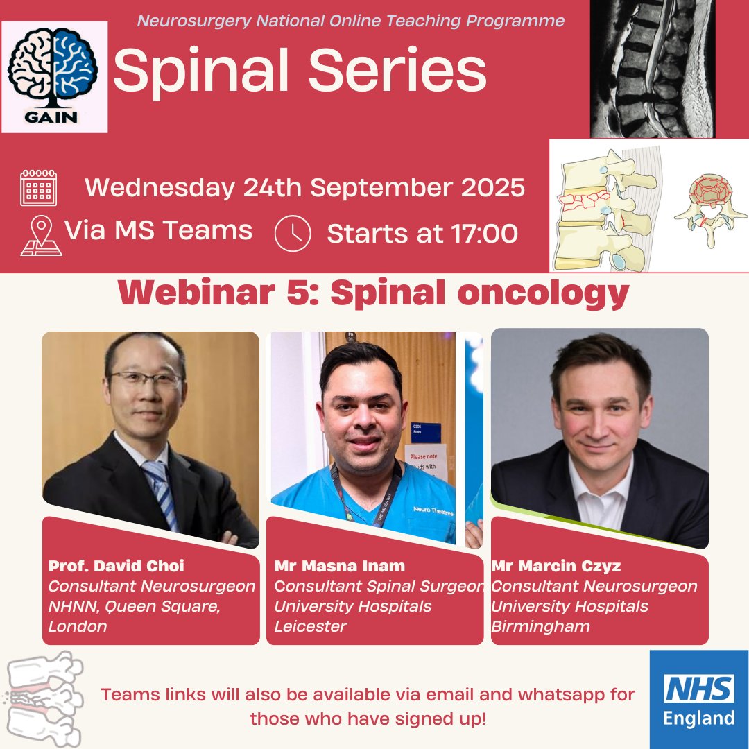 GAINProgram's tweet image. This week brings the final webinars of our Spinal series! We have 6 great talks over 2 nights, for all UK and Ireland resident doctors and trainees working in neurosurgery. If you haven&apos;t signed up yet please see the link in bio
 @e1v1m1