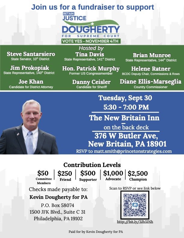 kennedydemspa's tweet photo. Save the date Sept 30 at the New Britain Inn! Join leaders incl. Kennedy Democrats co-founder Hon. Patrick J. Murphy for a fundraiser supporting Judge Kevin Dougherty for PA Supreme Court. 

5:30–7 PM

376 W Butler Ave, New Britain, PA. 

RSVP: matt.smith@princetonstrategies.com https://t.co/BEP3qb5KKS