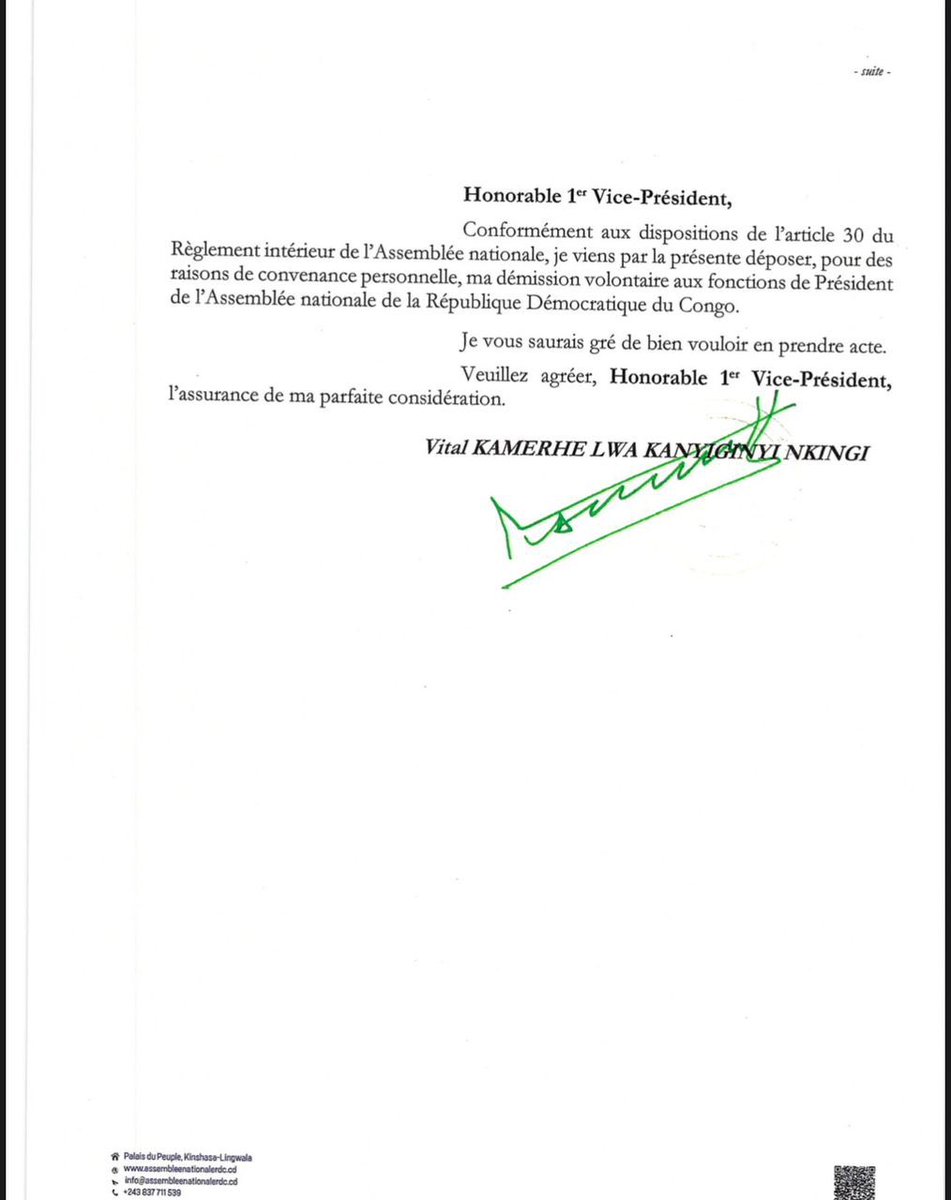#RDC: Voici la lettre de démission de Vital Kamerhe
