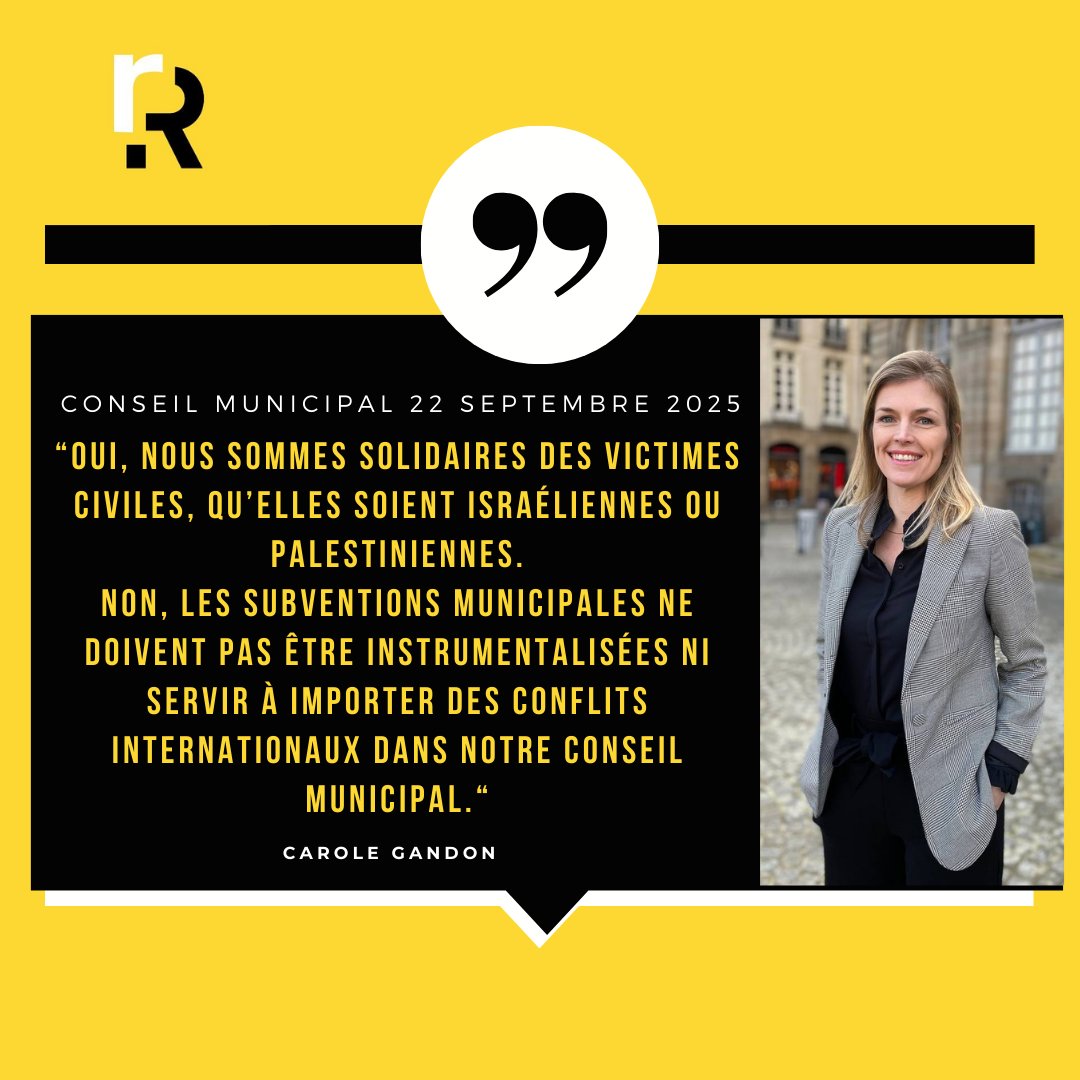 La solidarité avec toutes les victimes civiles doit être totale.
Mais l’argent public des Rennais ne doit pas être instrumentalisé pour importer les fractures du Proche-Orient dans notre Conseil municipal.
Notre responsabilité : agir d’abord pour les Rennais.
#CMRennes