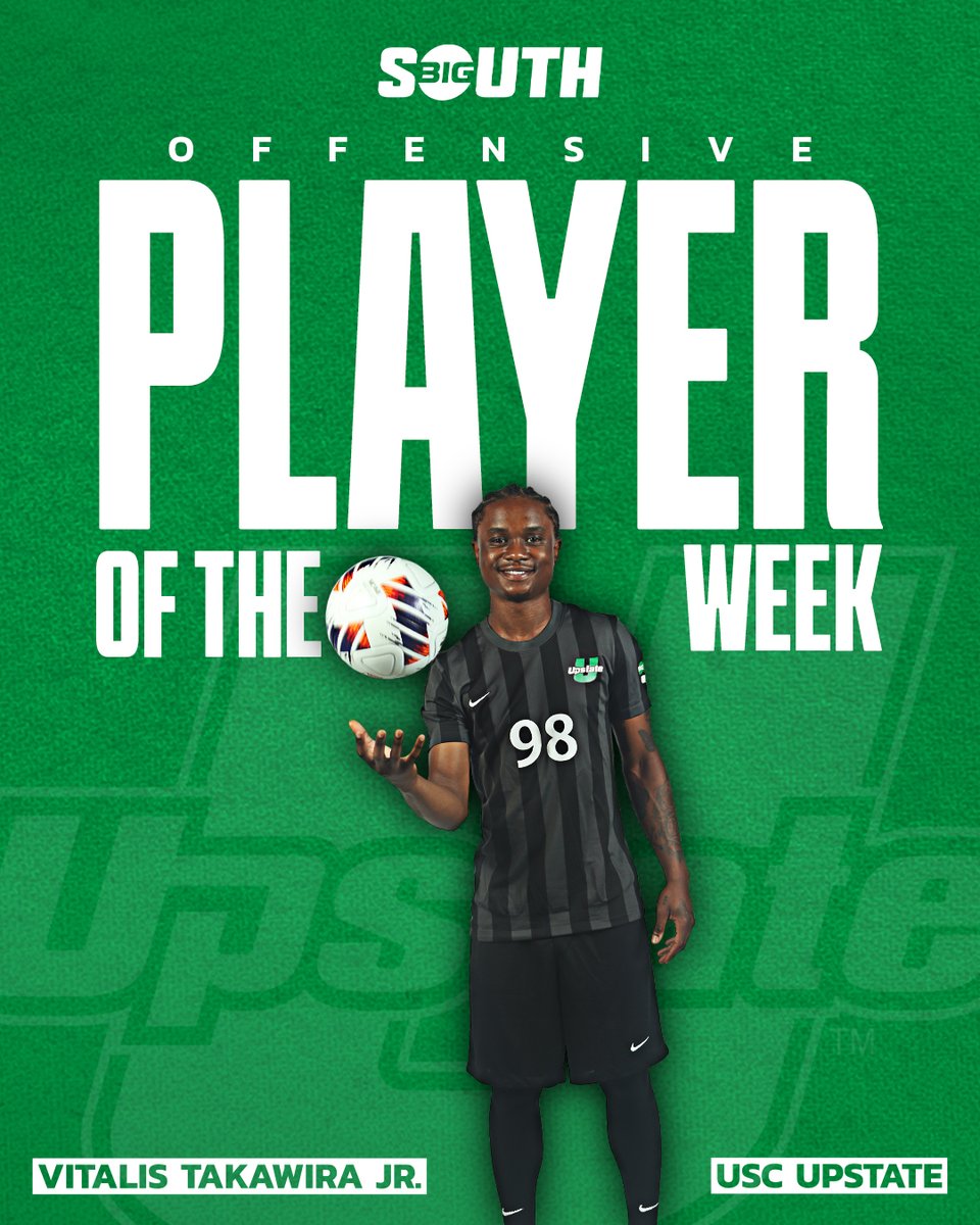 Big South Conference (@bigsouthsports) on Twitter photo He tallied six points on ✌️ goals and ✌️ assists in a pair of USC Upstate wins ⚔️
<a href="/UpstateMSoccer/">USC Upstate Men's Soccer</a>'s Vitalis Takawira Jr. is the #BigSouthMSOC⚽️ Co-Offensive Player of the Week! He tallied six points on ✌️ goals and ✌️ assists in a pair of USC Upstate wins ⚔️
<a href="/UpstateMSoccer/">USC Upstate Men's Soccer</a>'s Vitalis Takawira Jr. is the #BigSouthMSOC⚽️ Co-Offensive Player of the Week!
