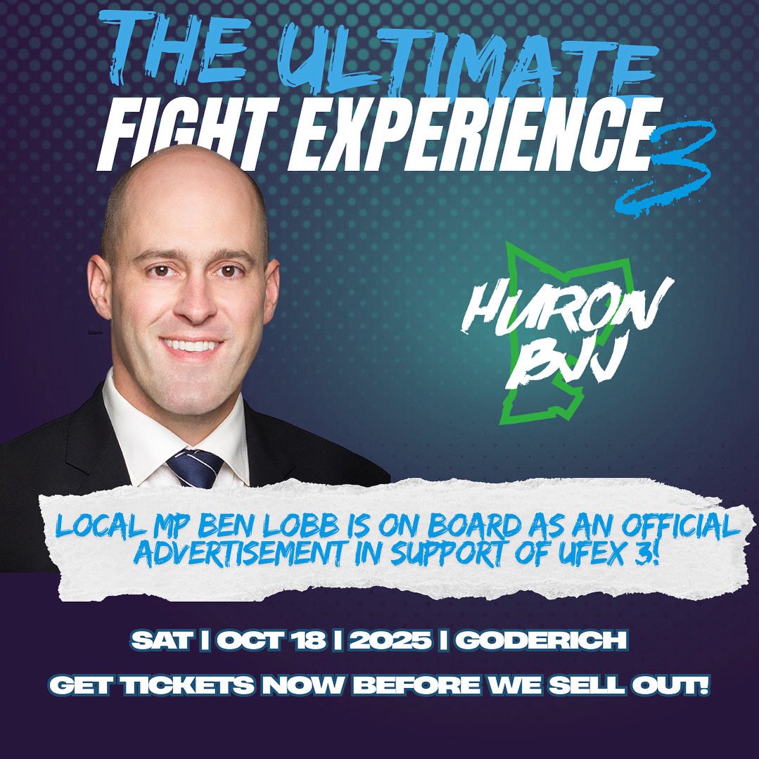 🥋🥊 UFEX 3 proudly welcomes Ben Lobb, MP for Huron–Bruce (CPC), as an official advertiser!

Ben didn’t hesitate and its community members like him that make these events possible!

Join us Oct 18th in Goderich. 

🎟️ Tickets: hbjj.ticketbud.com/ufex3

<a href="/BenLobbMP/">Ben Lobb</a>