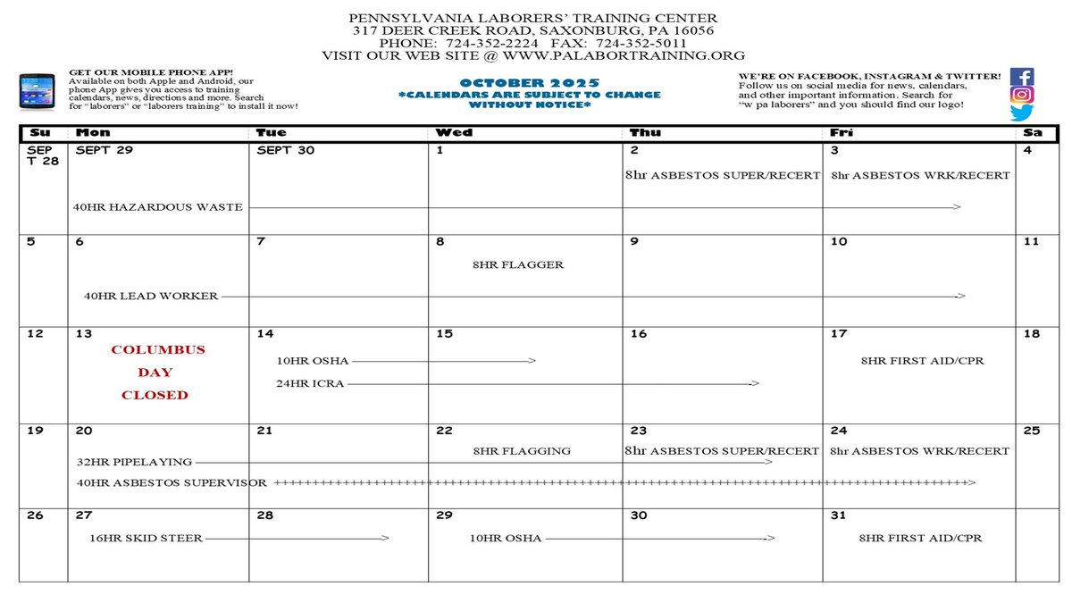 Laborers373's tweet image. The October calendar is here. Course offerings include OSHA 10, Flagging, Asbestos, Pipelaying, First Aid, Skid Steer, and ICRA. We are also offering a rare class, Lead Worker! Please call us to schedule! 724-352-2224

palabortraining.org