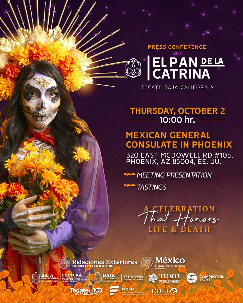 ✨Join us at the Consulate of Mexico in Phoenix on Oct 2 at 10 a.m. for a press conference with Baja California Tourism promoting Tecate’s Festival del Pan de la Catrina — a unique cultural &amp; culinary celebration!