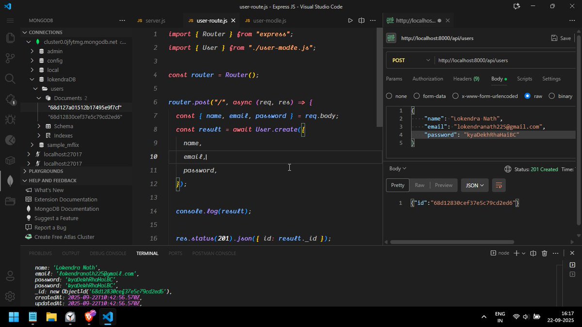 iamlokendranath's tweet image. ✅ Day 99/100 of #100DaysOfCode
➤ Mastered Express middleware: flow, CORS, error handling
➤ Connected to MongoDB Atlas with Mongoose
➤ Managed data with CRUD operations
➤ Validated requests using express-validator.
#NodeJS #MongoDB #Backend #WebDev #Programming #DevJourney