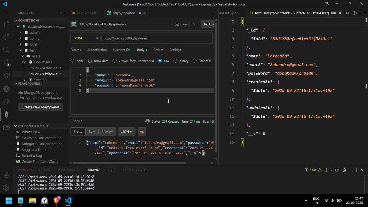 iamlokendranath's tweet image. ✅ Day 99/100 of #100DaysOfCode
➤ Mastered Express middleware: flow, CORS, error handling
➤ Connected to MongoDB Atlas with Mongoose
➤ Managed data with CRUD operations
➤ Validated requests using express-validator.
#NodeJS #MongoDB #Backend #WebDev #Programming #DevJourney