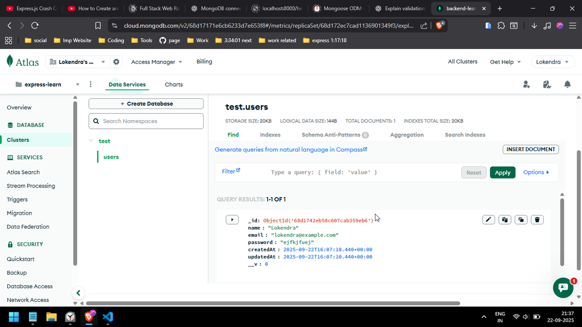 iamlokendranath's tweet image. ✅ Day 99/100 of #100DaysOfCode
➤ Mastered Express middleware: flow, CORS, error handling
➤ Connected to MongoDB Atlas with Mongoose
➤ Managed data with CRUD operations
➤ Validated requests using express-validator.
#NodeJS #MongoDB #Backend #WebDev #Programming #DevJourney