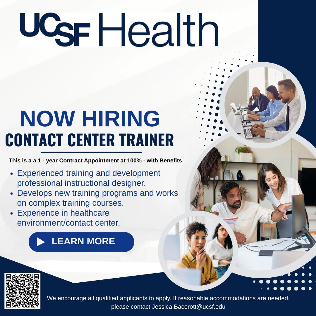 UCSFCareers's tweet photo. The UCSF Health Contact Center is seeking a skilled and experienced Contact Center Trainer to join their team. This role involves addressing a wide range of training issues and conducting need assessments to develop effective training programs. Apply: https://t.co/zrDt4XZYv5 https://t.co/wtpgU5EFy1