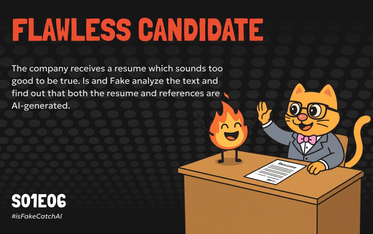 isfakeai's tweet photo. S01E06
1/3

🔥 Is: Hey Fake, someone sent us their resume and it's flawless. Experience everywhere, skills maxed out, glowing recommendations from A-list names... Sounds very promising, what do you think?

🐱 Fake: Purrrfect on paper, but should we maybe run it through isFake ai? I’m afraid this ‘flawless candidate’ might be fake.

🔥 Is: Scanning for authenticity... Ready for surprises?

🐱 Fake: Always