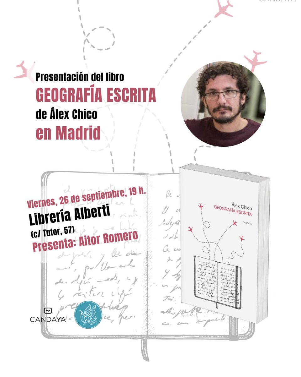 📚✨ Presentación de #GeografíaEscrita de Álex Chico, en #Madrid
🗓 Viernes, 26 de septiembre, 19h
📍 <a href="/LibreriaAlberti/">Librería Alberti</a> (C/ Tutor 57)
🎤 Presenta: Aitor Romero.
🌍 Un viaje por ciudades, libros y memorias que muestra cómo los lugares también se escriben.
🔗 candaya.es/libro/geografi…