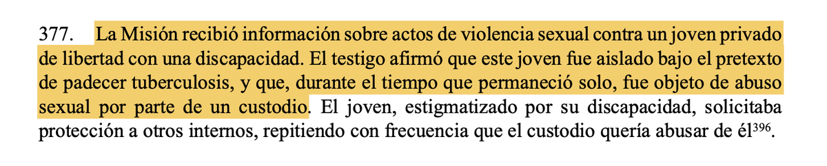 endsequera's tweet photo. "La Misión recibió información sobre actos de violencia sexual contra un joven privado de libertad con una discapacidad. El testigo afirmó que este joven fue aislado bajo el pretexto de padecer tuberculosis, y que, durante el tiempo que permaneció solo, fue objeto de abuso sexual por parte de un custodio"

🇺🇳 Informe de la Misión Internacional Independiente de Determinación de los Hechos sobre Venezuela