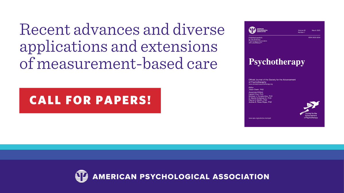 APA_Journals's tweet image. 📢 Psychotherapy seeks submissions that showcase recent advances and diverse applications of Measurement-Based Care (MBC)—an evidence-based practice transforming clinical care. Submit your abstract for consideration by December 1st, 2025: bit.ly/4miWAFC #CallforPapers