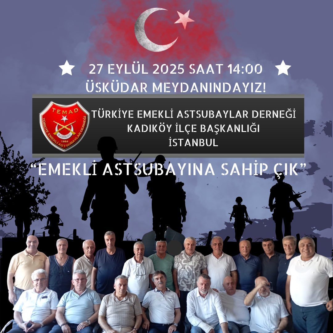 TEMAD İstanbul İl Başkanlığı koordinasyonunda düzenlenecek basın açıklamamıza tüm meslektaşlarımız ve İstanbul Halkı davetlidir.

🗓️ 27 Eylül 2025
🕑 14:00
📍 Üsküdar Meydanı

Birlik, dayanışma ve adalet için buluşuyoruz.
#AstsubayOnuru #AstsubayHaklarıAstsubaylar TSK nin En