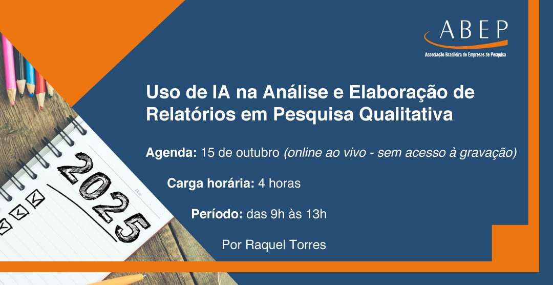 No dia 15/10, acontece o curso “Uso de IA na Análise e Elaboração de Relatórios em Pesquisa Qualitativa”, com a profa. Raquel Torres. A formação aborda planejamento, redação e apresentação de relatórios, narrativa, visualização e IA. bit.ly/3URCUh1