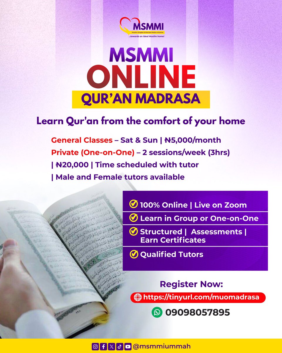 msmmiummah's tweet image. We give quality Qur’an education – structured, affordable, and accessible!

MSMMI Online Qur’an Madrasa 
Learn Qur’an from the comfort of your home!

👥 Group: ₦5,000 | 👤 Private: ₦20,000

👉 Register: tinyurl.com/muomadrasa
📱 09098057895

#onlinemadrasa #learnquran