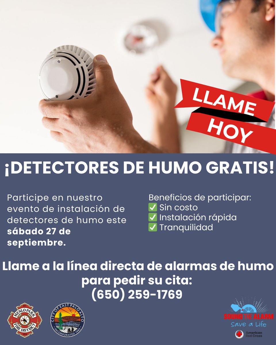 East Palo Alto residents! Get a free smoke alarm installed in your home this Saturday, Sept. 27. 
It is at NO COST to you and we install very quickly. Call 650-259-1769 to secure your appointment today!