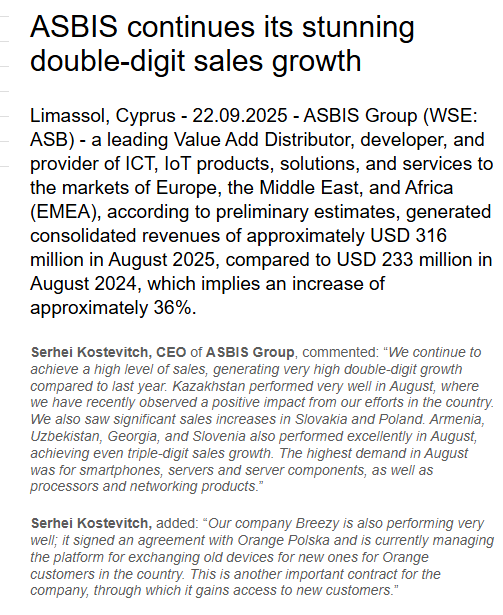 $ASB.WA #Asbis Aug 2025 Monthly Sales +36% vs 2024: 
- KAZ very well, positive impact of the measures
- Breezy new contract with Orange Polska
- Products taking the lead for smartphones, servers and server components