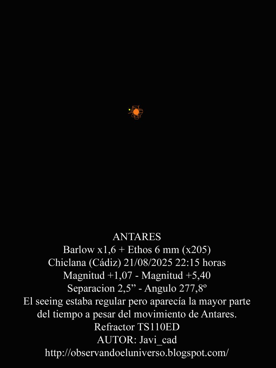 Observando el Universo: Dibujo de la estrella doble Antares observandoeluniverso.blogspot.com/2025/08/dibujo… 
#sketch #sketchofthemonth #deepsky #astronomy #deepskydrawing #sketches #astronomy #astronomia #estrellasdobles #doublestars