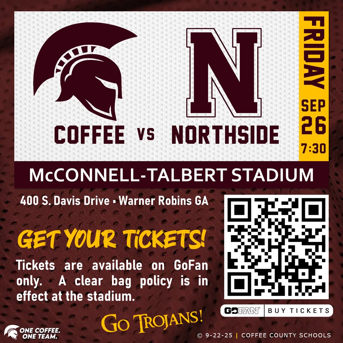 Coffee at Northside Friday night!  Kickoff will be at 7:30 PM at McConnell-Talbert Stadium, 400 S Davis Drive in Warner Robins.

Tickets are available at GoFan only (gofan.co/event/3914902?…).  

GO TROJANS!
