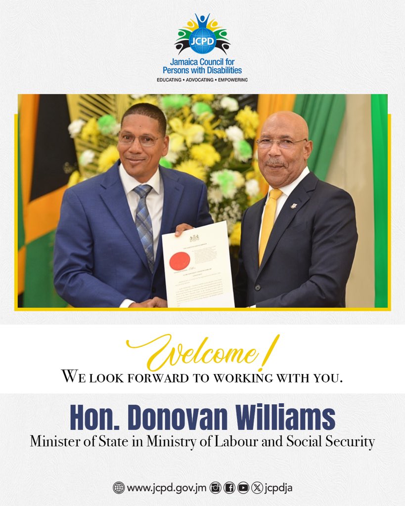 A warm welcome to Hon. Donovan Williams, Minister of State in the Ministry of Labour &amp; Social Security. 

We look forward to working together to advance disability inclusion in Jamaica.

#JCPD #DisabilityRights #Inclusion