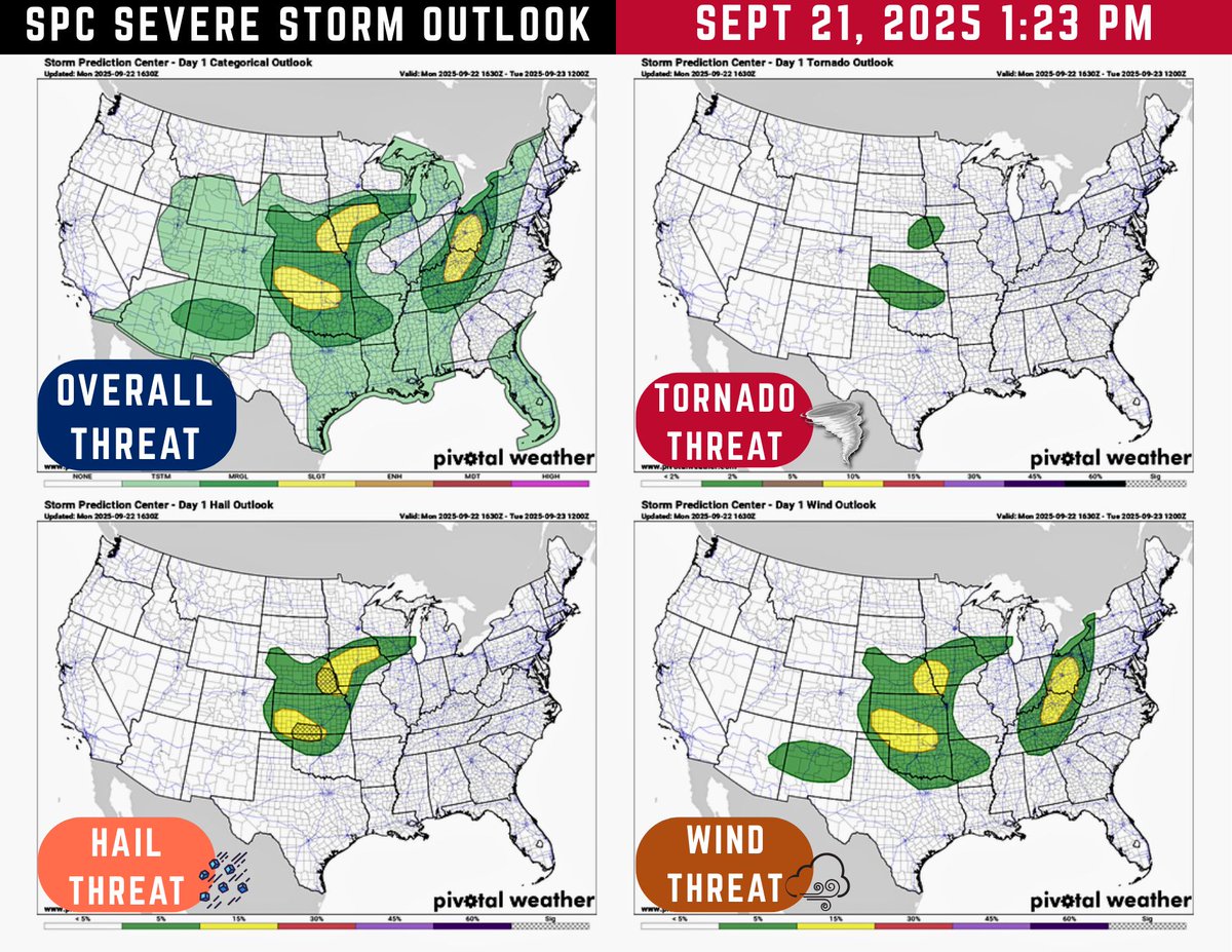9/22: Lots of severe weather risk today/tonight in the US

The autumnal equinox is here and so is the chance for more severe storms across the country. Details on hazards and their locations in graphic: