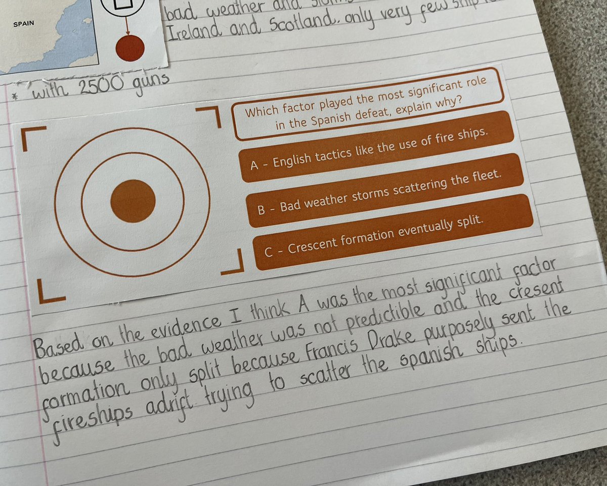 MRMICT's tweet image. In #Year6 we explored the Spanish Armada.

First a #retrieval ‘Factor Pairs’ task then children focused on 3 key moments:

⚓ Plymouth &amp;amp; beacons
🔥 Fire ships 
🌊 Retreat north

Then debated the most significant factor in Spain’s defeat.
#TaskDesign #History#Edutwitter