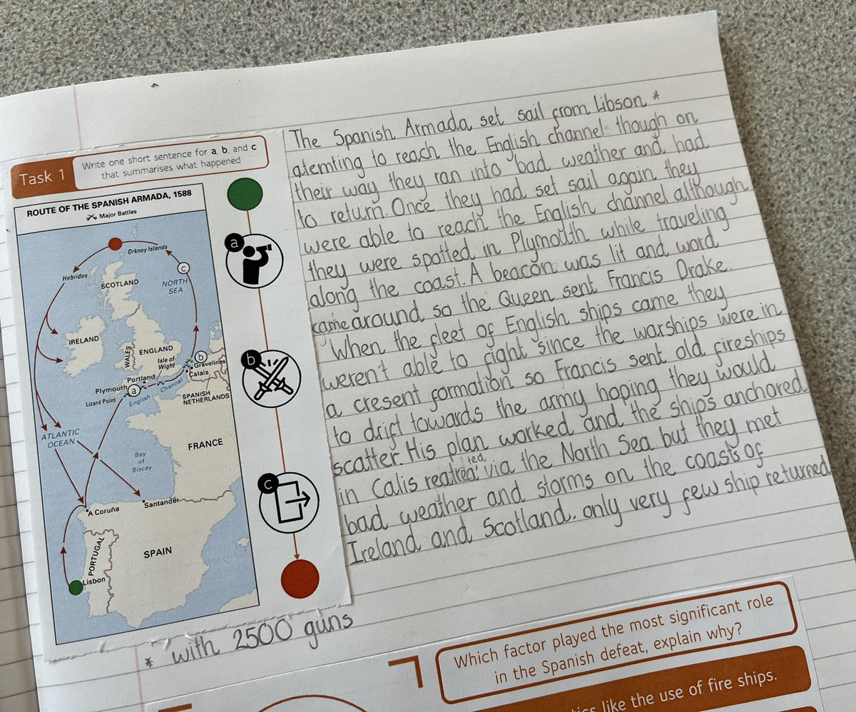 MRMICT's tweet image. In #Year6 we explored the Spanish Armada.

First a #retrieval ‘Factor Pairs’ task then children focused on 3 key moments:

⚓ Plymouth &amp;amp; beacons
🔥 Fire ships 
🌊 Retreat north

Then debated the most significant factor in Spain’s defeat.
#TaskDesign #History#Edutwitter