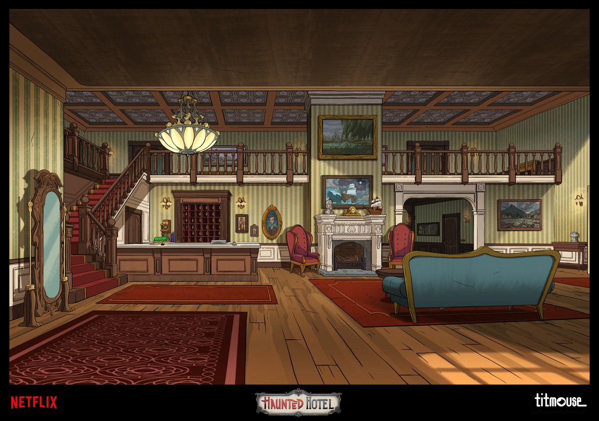 Some more Haunted Hotel backgrounds I painted! Heres a few angles of the  lobby #hauntedhotel #netflix, image size:1200x845