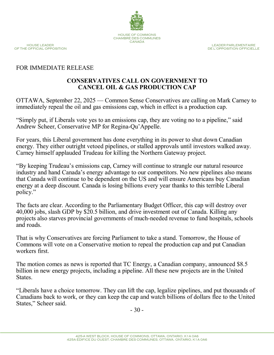 AndrewScheer's tweet photo. Every day Carney keeps Trudeau's oil &amp; gas cap, energy jobs and projects will continue to flee to the US. 

Conservatives want it gone.

Scrap the cap. Bring back jobs. Build pipelines. Stop losing opportunities to the U.S.

Have YOUR say at https://t.co/uSQzTLGPKq 

#cdnpoli https://t.co/1I42ZRhNa7