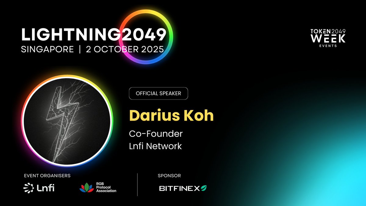 RGBAssociation's tweet image. 📢 NEW SPEAKER ANNOUNCEMENT:
@dariusnostr ,Co-Founder of @LnfiNetwork ,will be speaking at Lightning2049, the premier Lightning-first symposium during Token2049 week.
Unlock the multi-asset era on Bitcoin!
📍October 2, 2025 | Singapore
Book your seat: luma.com/4wg99vzx