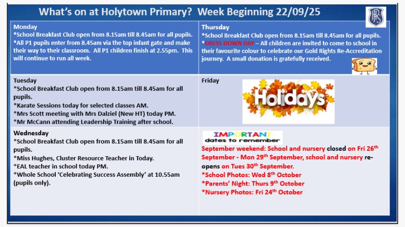 What’s on at Holytown Primary, week beginning Monday 22nd September? Take a look 👀 below to see what we have planned before the September weekend! 💙🤩💙