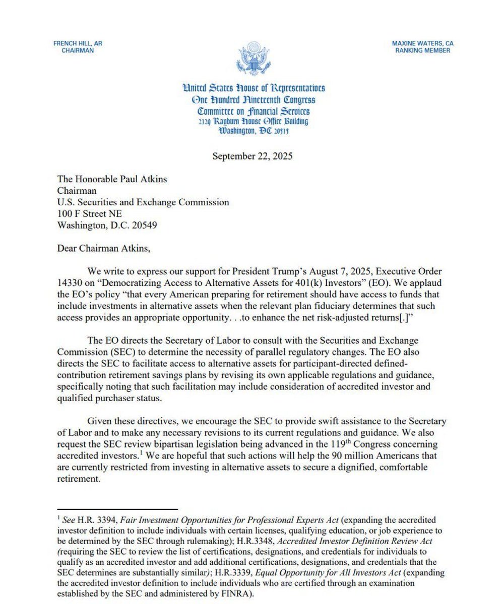 JUST IN: 🇺🇸 US lawmakers urge SEC to implement Trump’s executive order allowing Americans to invest 401k retirement savings into Bitcoin and crypto.

Americans hold over $9 TRILLION in 401k savings. 🟧🔥