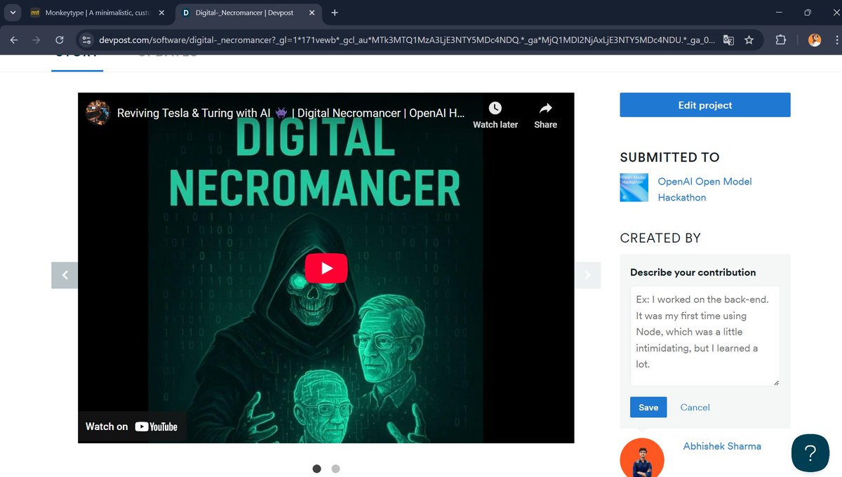 abhishrmpy's tweet image. The project gallery for the OpenAI Hackathon is live!
My submission, Digital Necromancer, is up on Devpost 👉 devpost.com/software/digit…
Results will be announced on October 1. Let’s see how it goes .
#OpenAIHackathon #AI #Devpost