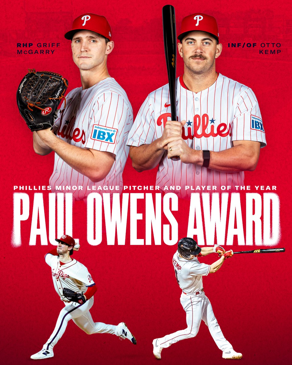 PhilsPlayerDev's tweet image. Griff McGarry and Otto Kemp have been selected as the 2025 recipients of the Paul Owens Award!