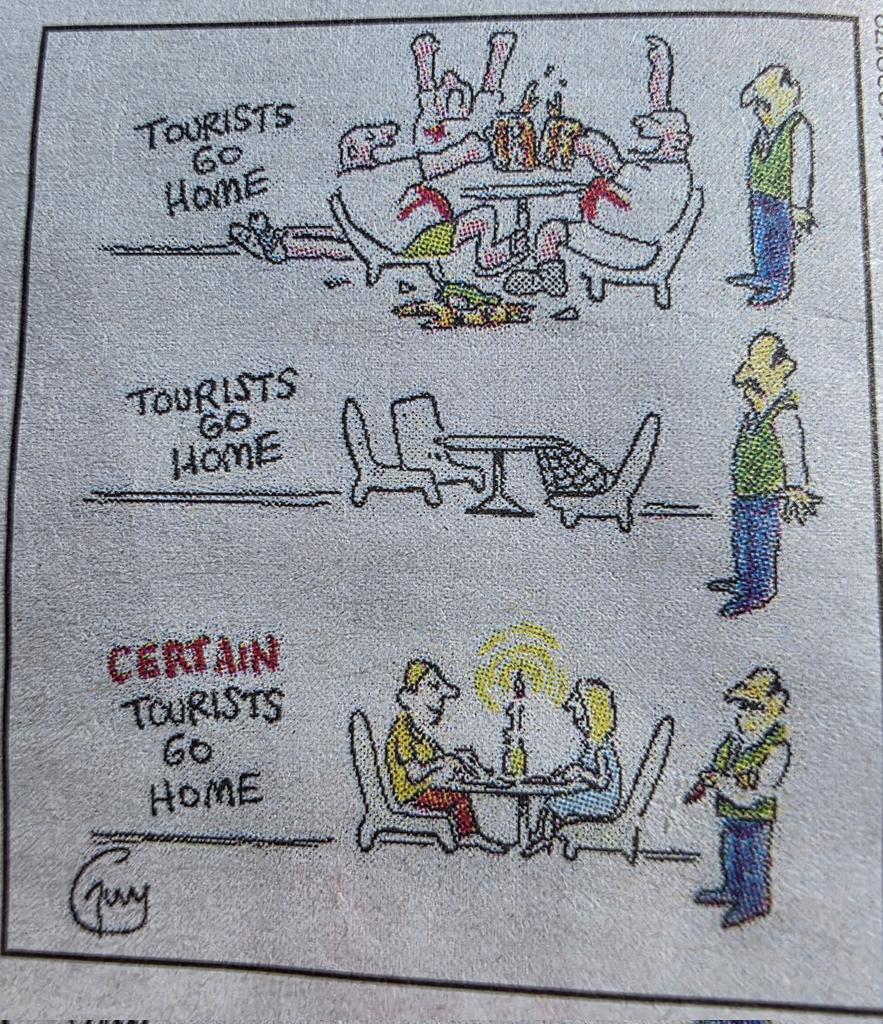 Sometimes it's the cartoonist rather than the journalist, that so vividly encapsulates the current narrative of the times we live in.

#travel #tourists #thoughtoftheday #newspapers