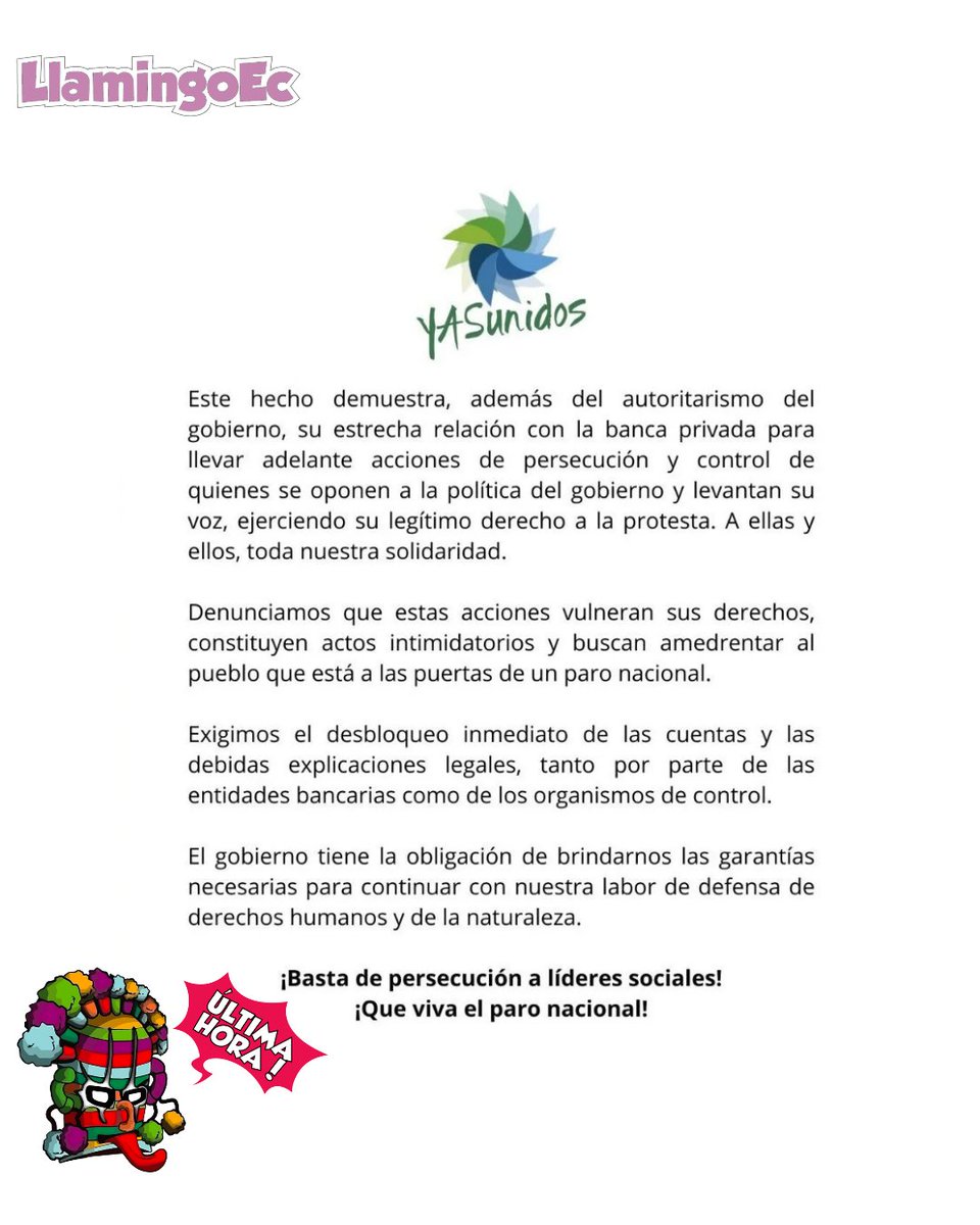 🛑#Atención | El Cabildo por el Agua de Cuenca y <a href="/Yasunidos/">YASunidos</a> alertan que sus representantes sufrieron bloqueo y congelamiento de cuentas bancarias, sin orden judicial ni investigación previa.
#Cuenca #Yasuni #Agua