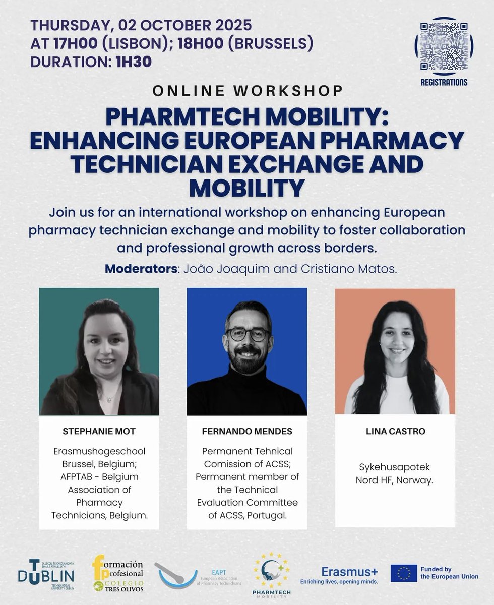 The EU-PharmTech Mobility project will be hosting an online workshop to explore opportunities, challenges &amp; best practices for enhancing the exchange and mobility of Pharmacy Technicians across Europe. 
Details: 02/10/25 ⏰ 6pm
Registration: us06web.zoom.us/meeting/regist…