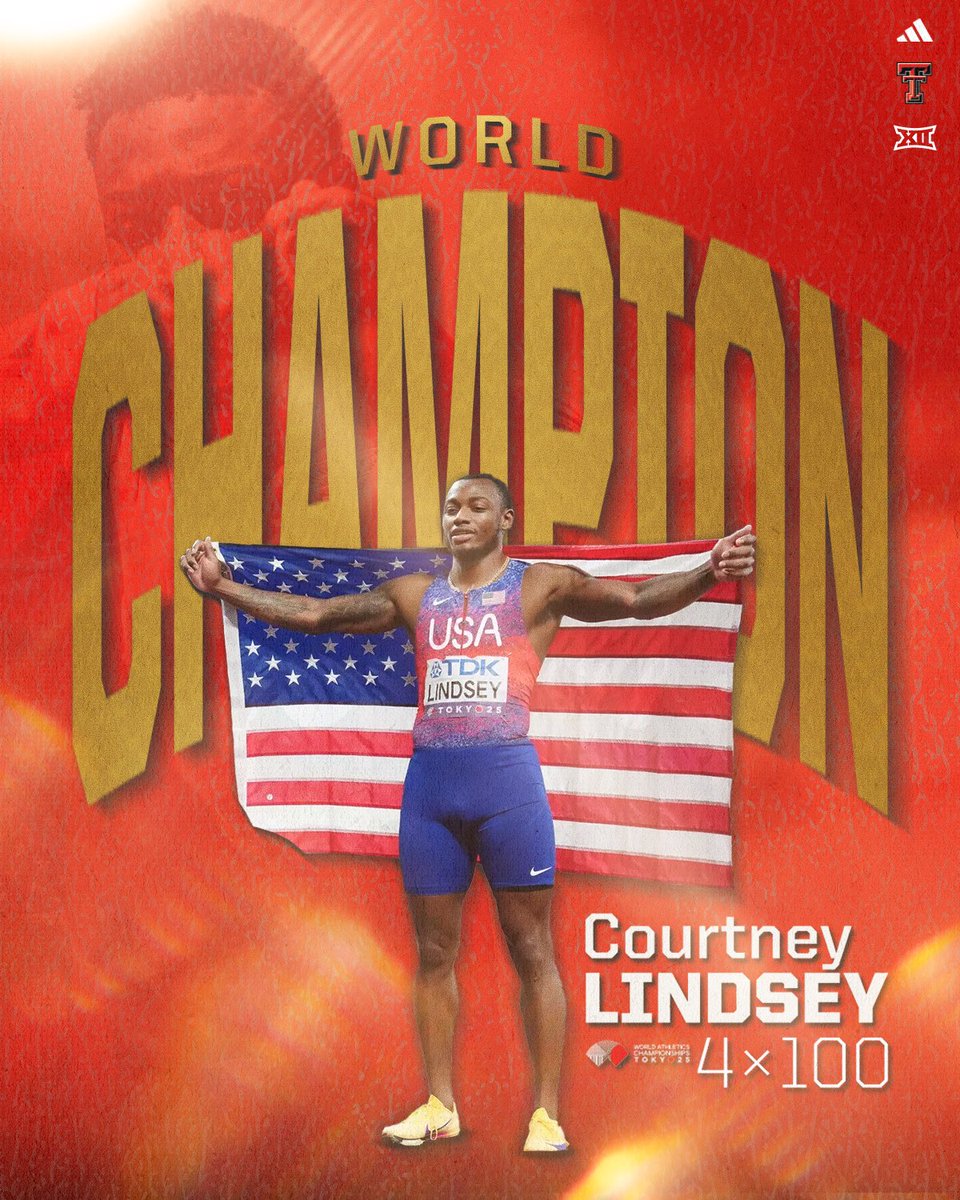 TexasTechTF's tweet photo. USA 4x100 World Champion 🥇🇺🇸

Courtney Lindsey ran 3rd leg on the winning 4x100 team that posted a WL time of 37.29. No. 2 all-time in American history and No. 5 all-time ever in the event 🫡 https://t.co/LZ5SEaoQ9y