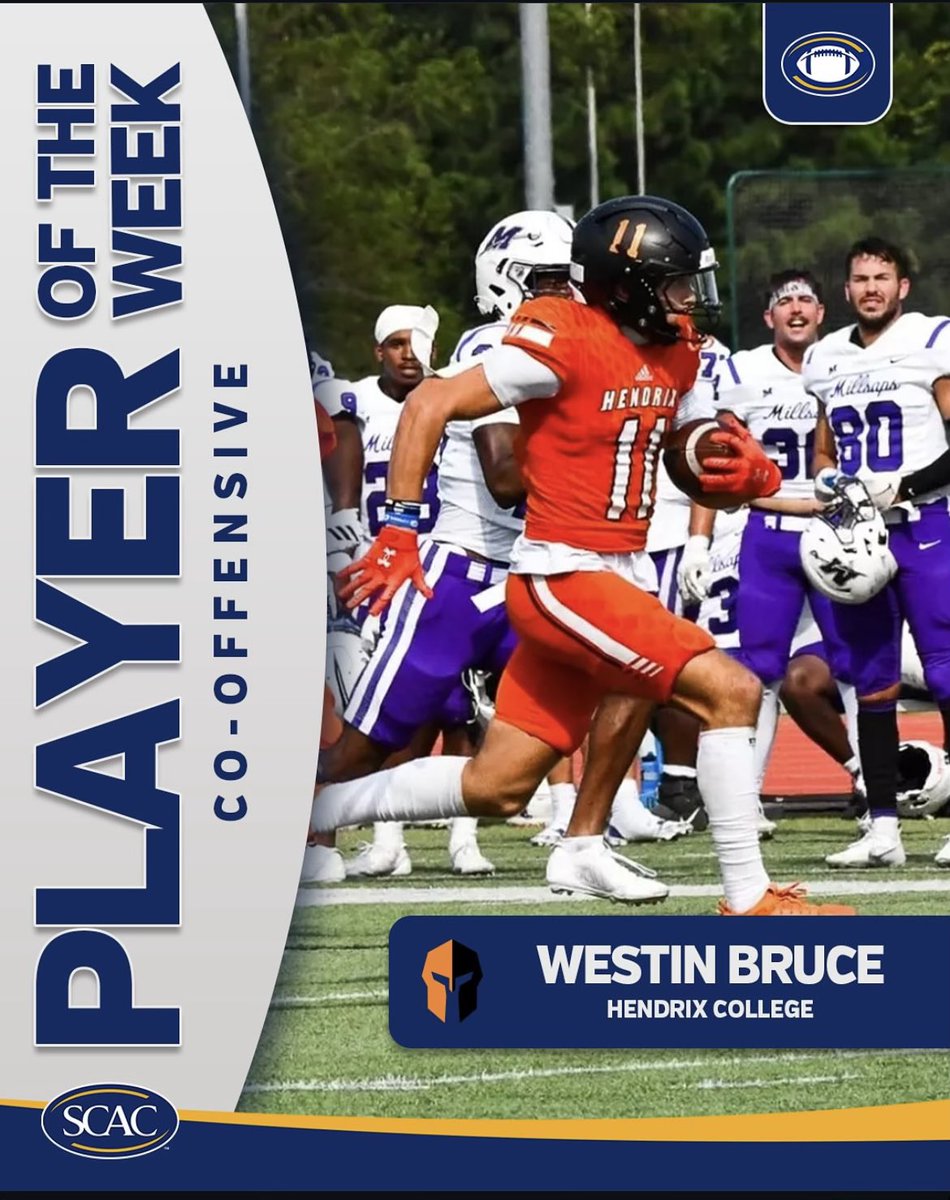 Let’s Go! Congratulations <a href="/WestinBruce_11/">Westin Bruce</a> on <a href="/SCAC_Sports/">SCAC</a> POTW!!
4 catches 224 yards 2 TD!
<a href="/HendrixFootball/">#WeAreWarriors</a> <a href="/GTEagleFootball/">Georgetown Football</a>
