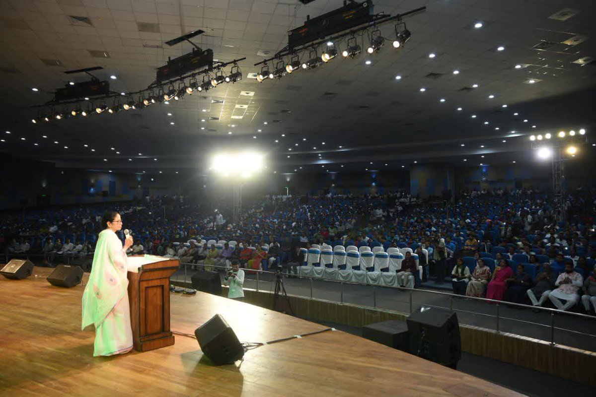 addwait's tweet image. At Nazrul Mancha today, Bengal witnessed a unique confluence of art, devotion, and creativity with the launch of “Durga Angan”, an album penned and composed by Smt. @MamataOfficial herself, and brought to life by the voices of Bengal’s finest artistes.

 #abhishekaitc
#FAM4TMC