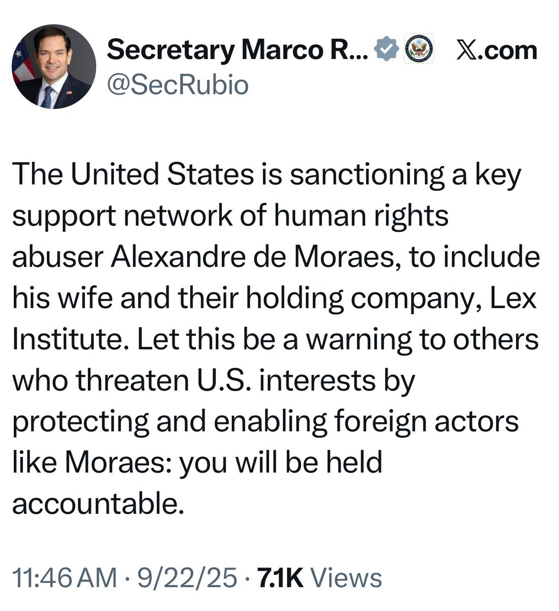 🚨 🇺🇸 
Agora foi a vez de Marco Rubio, Secretário de Estado, mostrar ao mundo que os EUA não tolerarão as ações ilegais do violador de direitos humanos do Brasil, Alexandre de Moraes.

“𝑂𝑠 𝐸𝑠𝑡𝑎𝑑𝑜𝑠 𝑈𝑛𝑖𝑑𝑜𝑠 𝑒𝑠𝑡𝑎̃𝑜 𝑠𝑎𝑛𝑐𝑖𝑜𝑛𝑎𝑛𝑑𝑜 𝑢𝑚𝑎 𝑟𝑒𝑑𝑒 𝑑𝑒