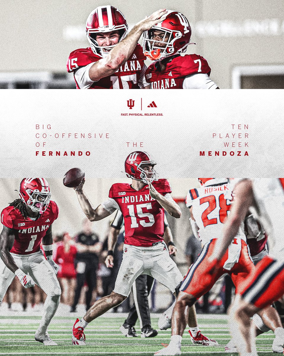 IndianaFootball's tweet image. 21-23 passing, 267 yards, five touchdowns. 

Fernando Mendoza is the B1G Co-Offensive Player of the Week.